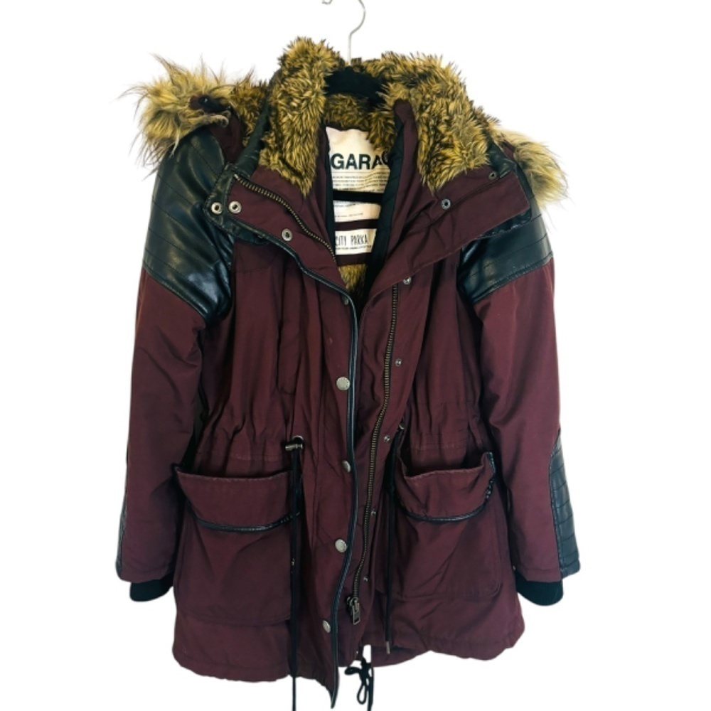 Garage Maroon Faux Fur Leather Parka Winter Coat Medium - Picture 2 of 16